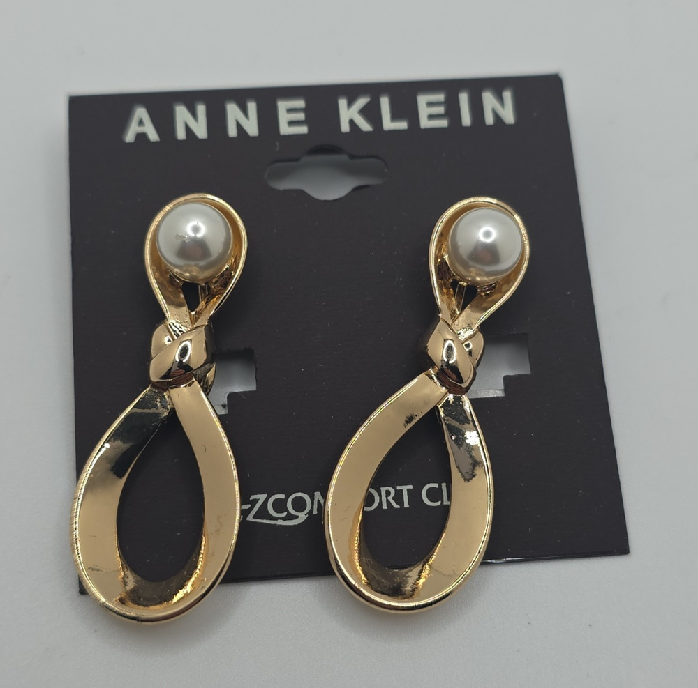 Anne Klein Gold Tone Teardrop Dangle Clip-On Earrings Simulated Pearl